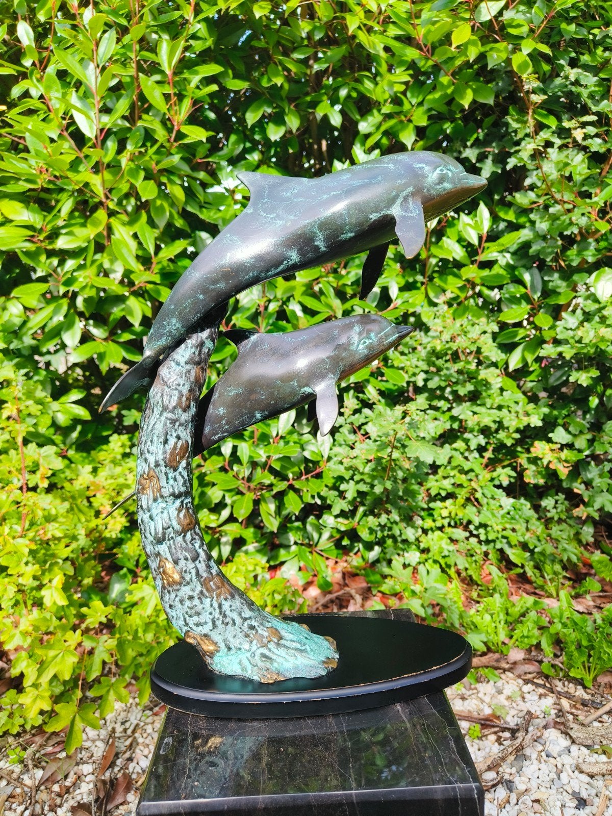 Groot Massief Bronzen Beeld Dolfijnen – Exclusieve Tweekleur, Antiek en Kunst, Gepatineerd, Ophalen of Verzenden, Brons, 20 - 50 cm