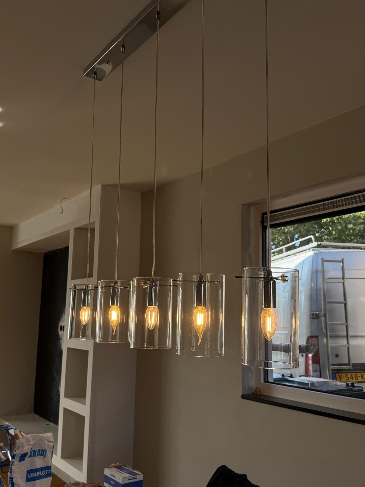 Moderne hanglamp met 5 glazen cilinders - Chroom, E14 (klein), Zo goed als nieuw, Glas, Modern, Eigentijds