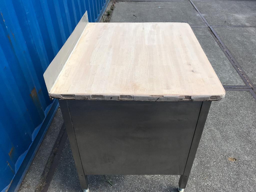 RVS frame tafel met dik houten multiplex werkblad, Ophalen, Gebruikt, Gas