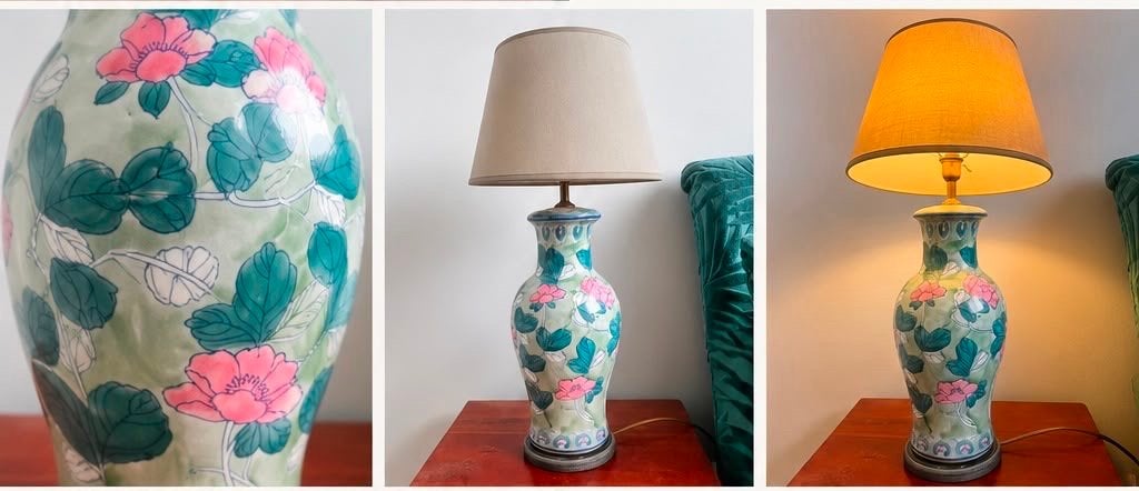 Vintage keramische Oosterse Tafellamp met Bloemenpatroon, Ophalen