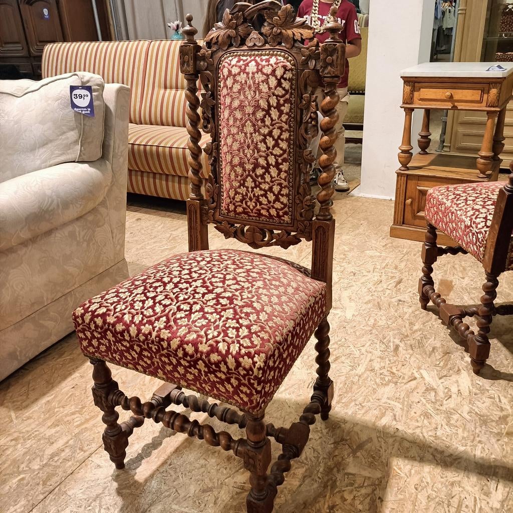 Set van 4 Antieke Barok Gothic Stoelen met Rood Brokaat, Ophalen