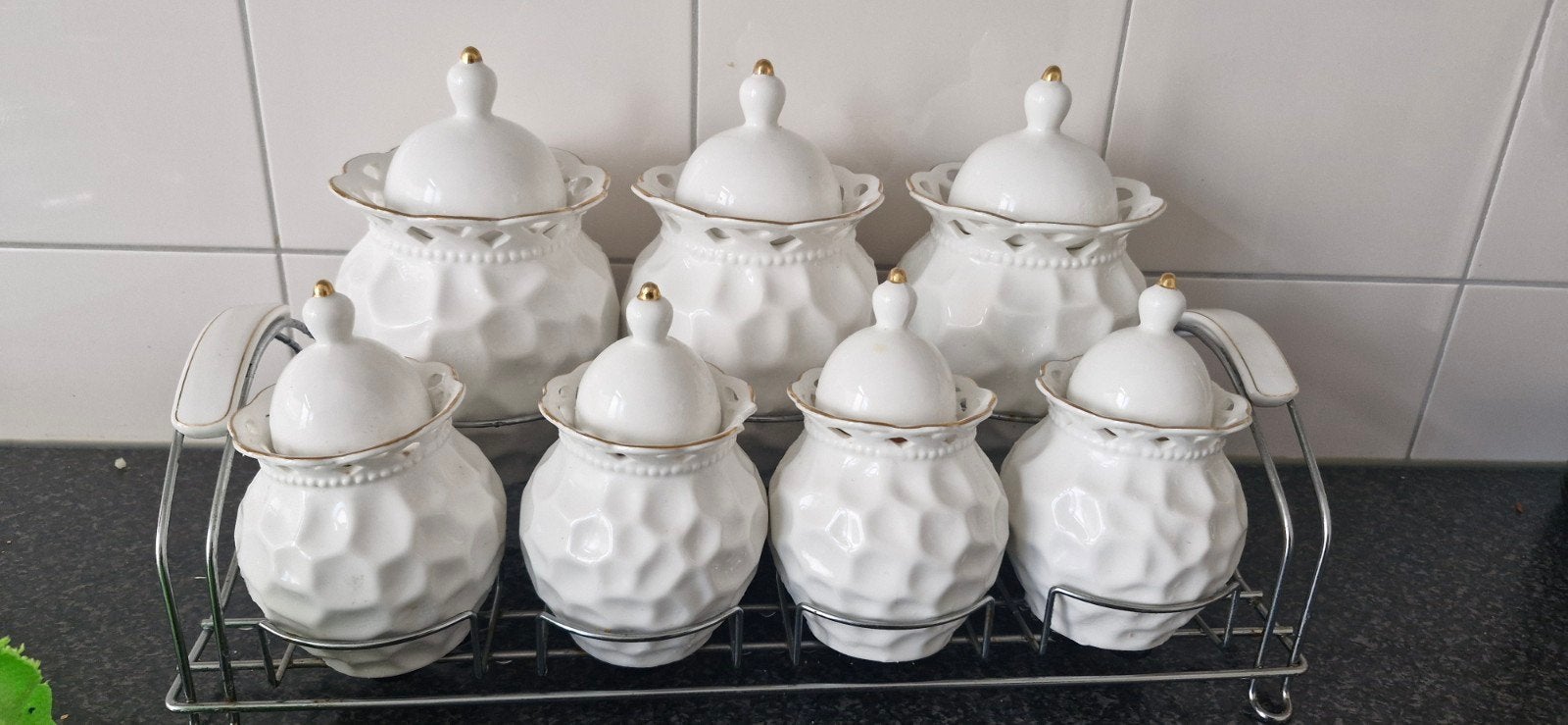 7 kruidenpotjes witte glanzende porselein, Antiek en Kunst, Ophalen of Verzenden