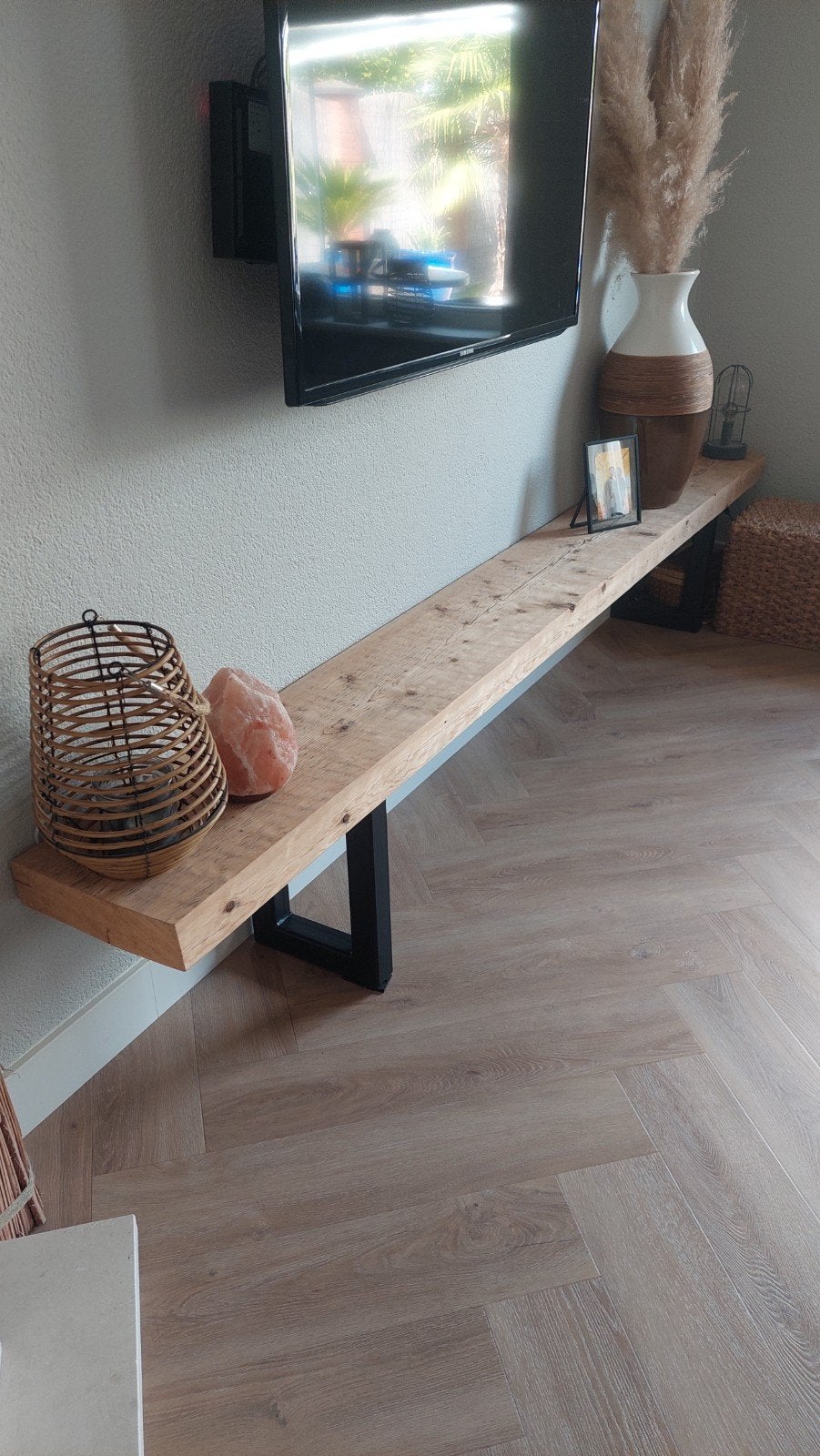 industriele tv kast/ plank, metalen poten, Ophalen, 50 tot 100 cm, Zo goed als nieuw, Minder dan 100 cm