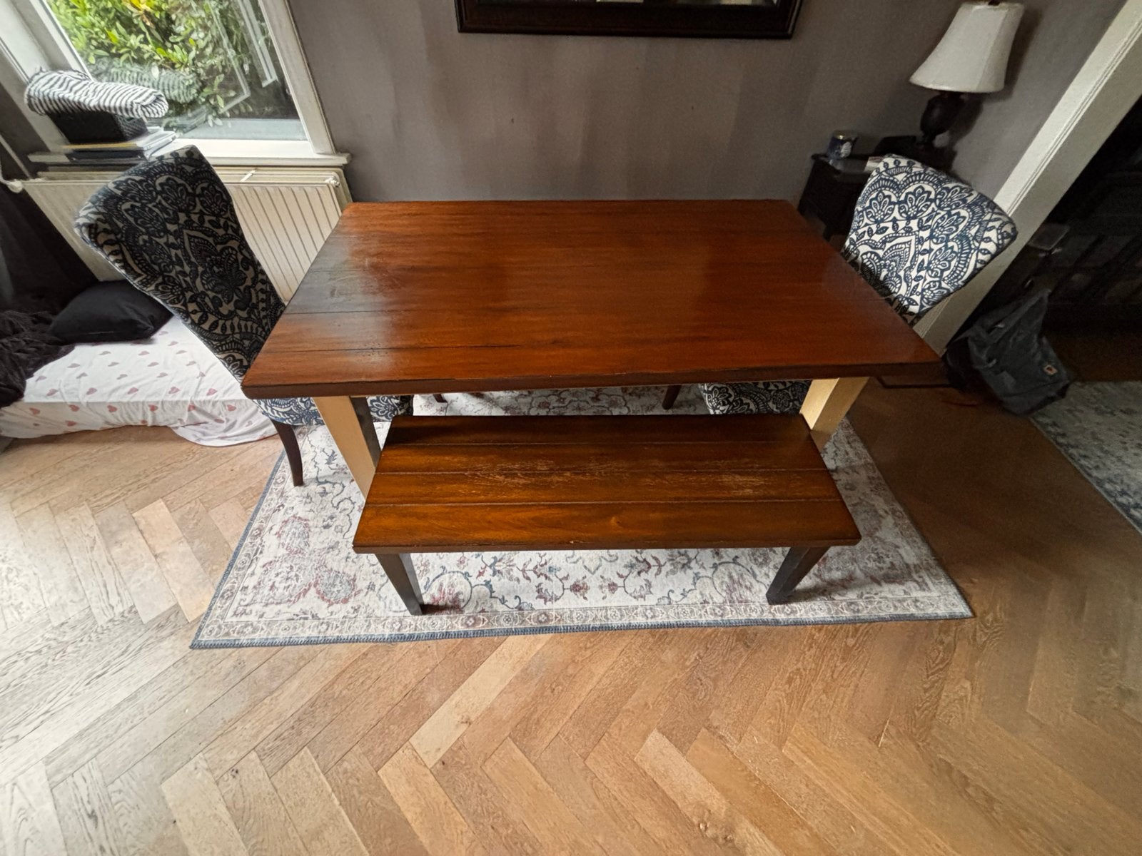 Eettafel met bankje en twee stoelen, Ophalen, Gebruikt, 100 tot 150 cm, 50 tot 100 cm