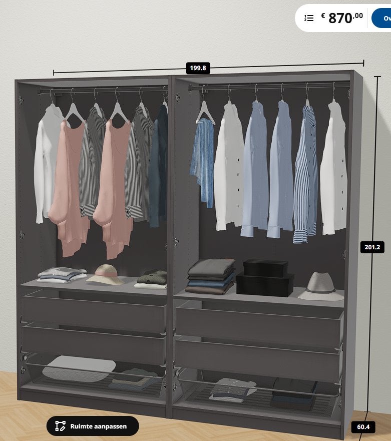 IKEA PAX kledingkast 200x58x201cm, Bezorg-/montageoptie, Huis en Inrichting, Kasten | Kledingkasten, Met deur(en), Glas, 200 cm of meer