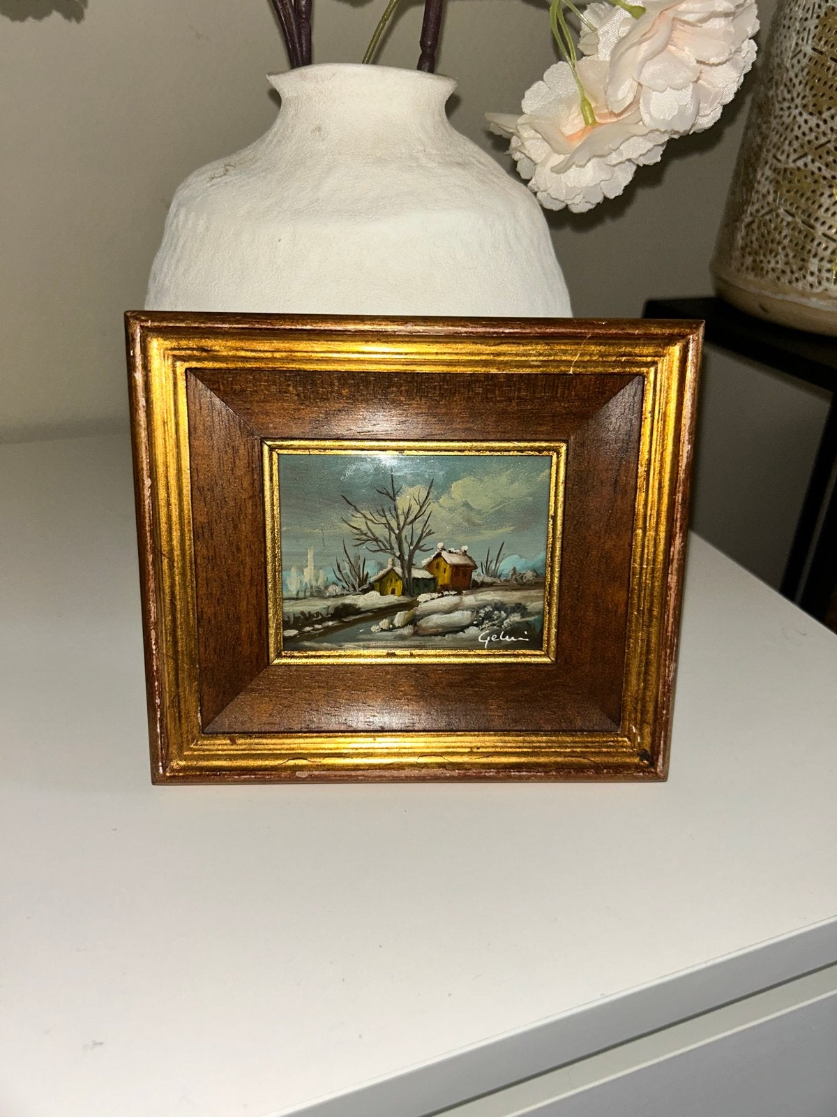 Miniatuur Schilderij 'Winterlandschap' Gesigneerd Gelmi, Paneel, Realistisch, Ophalen of Verzenden, Gesigneerd