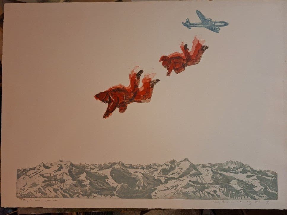 Zeefdruk Parachutespringen - Gesigneerd leentje linders, Origineel, Ophalen of Verzenden, Sport, Zeefdruk