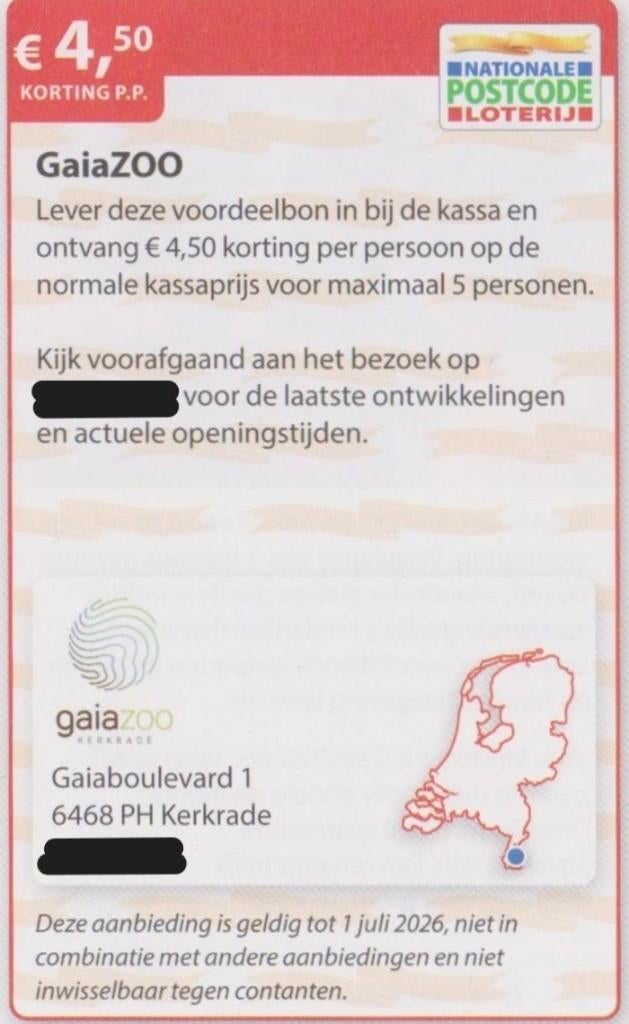 GaiaZoo Kerkrade. € 4,50 korting p.p. Postcodeloterij bon., Tickets en Kaartjes, Recreatie | Dierentuinen, Drie personen of meer