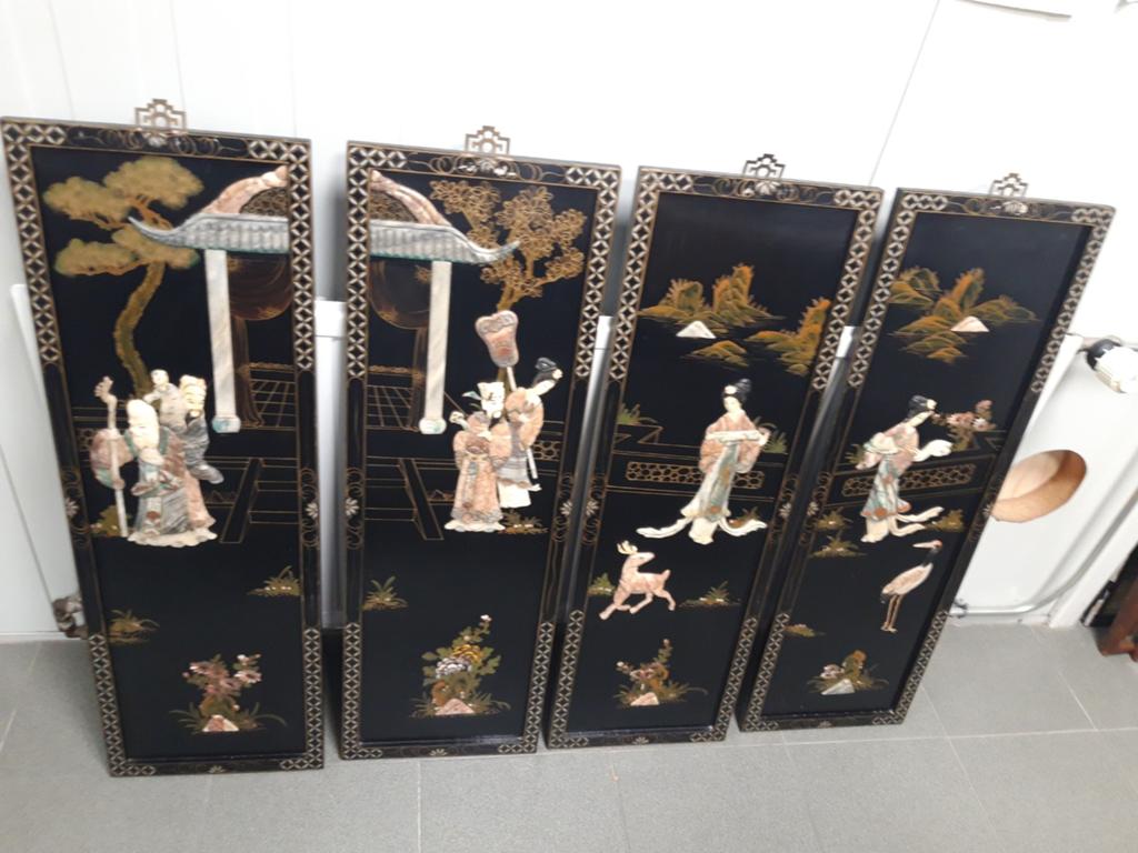 "Vintage Chinese Wandpanelen met Parelmoer Inleg (Set van 4), Ophalen of Verzenden