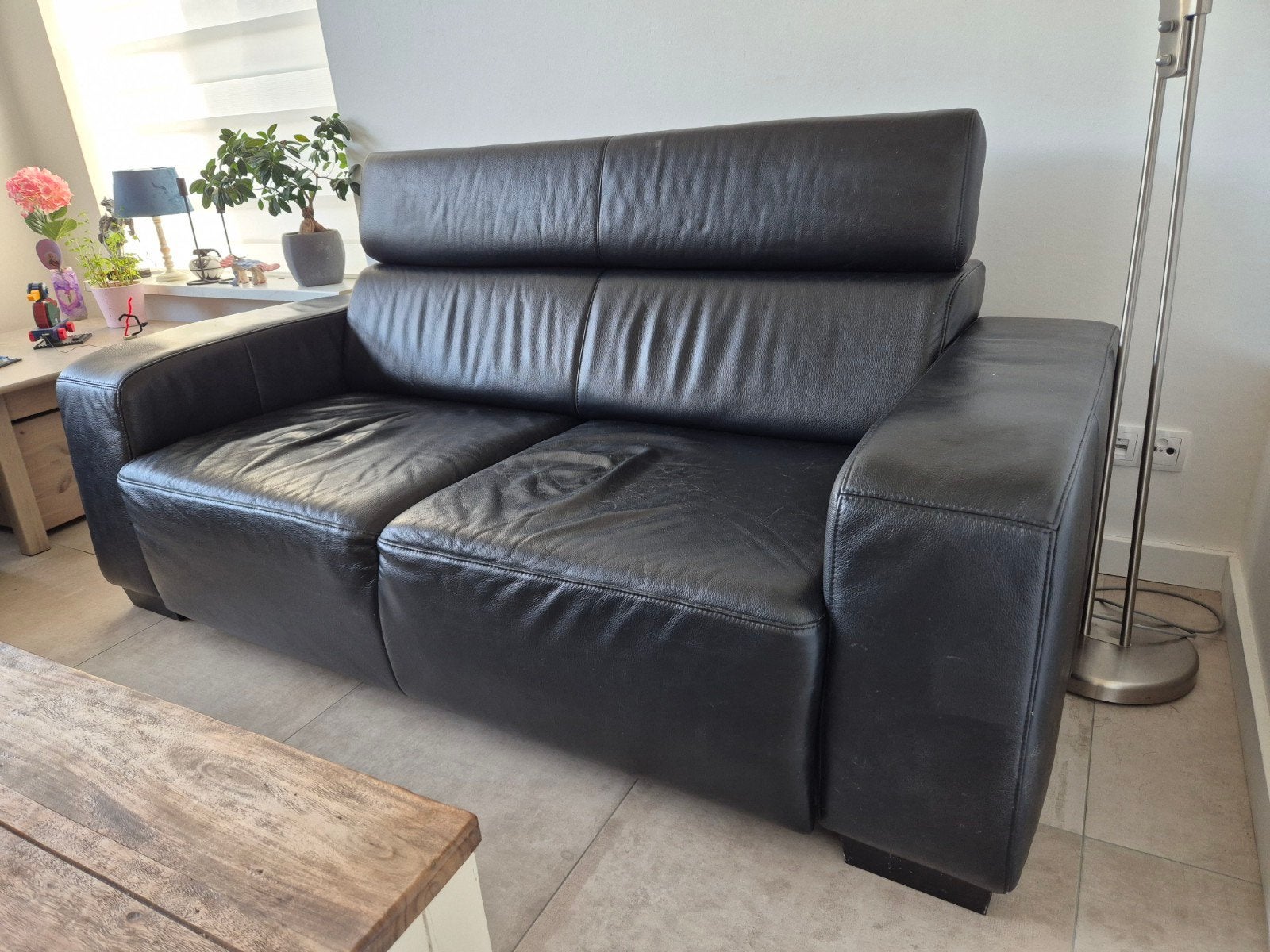 Leren bank en fauteuil - Zwart, 2-zits en 1-zits, Huis en Inrichting, Ophalen, Gebruikt, 150 tot 200 cm, Tweepersoons