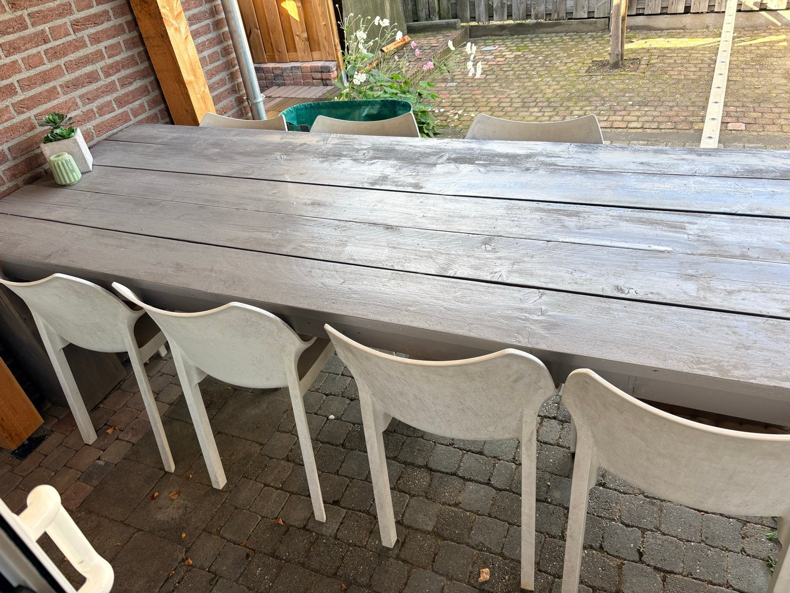 Grijze houten tuintafel met 8 stoelen 3 m L, 1 m B, 80 H, Ophalen, Gebruikt, Rechthoekig, Hout