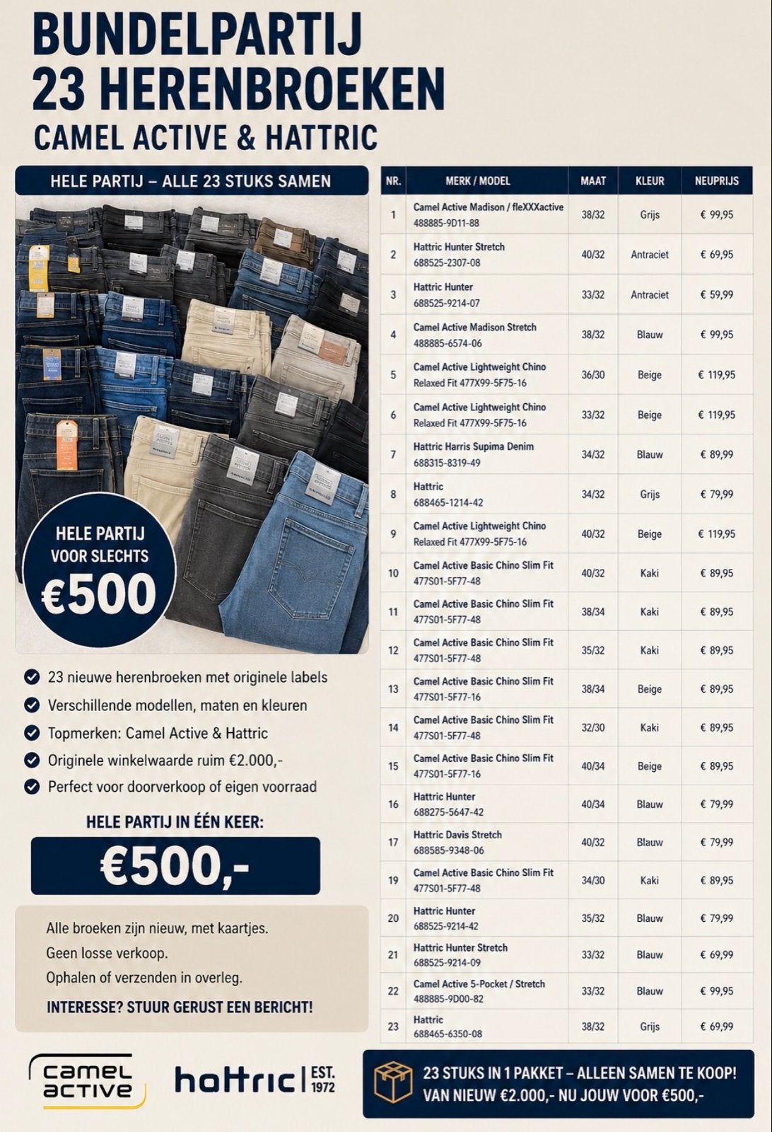 Bundelpartij 23 herenbroeken Camel Active & Hattric, Kleding | Heren, Spijkerbroeken en Jeans, Ophalen of Verzenden, Nieuw, Overige kleuren