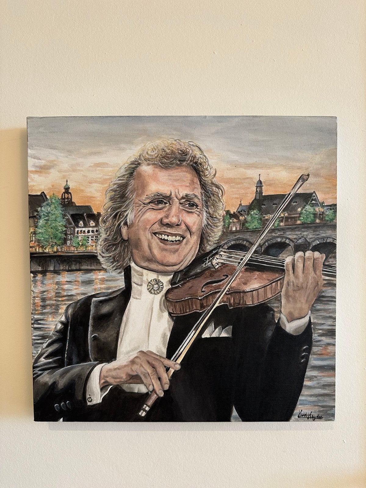 Schilderij André Rieu met viool en stadsgezicht Maastricht, Ophalen, Acrylverf, Doek, Portret of Personen