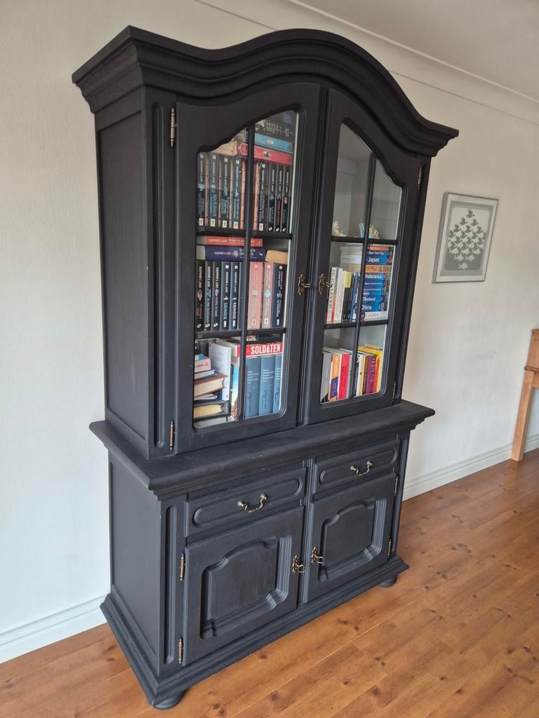 Zwarte klassieke eikenhouten vitrinekast/boekenkast, Ophalen, Gebruikt, 25 tot 50 cm, 150 tot 200 cm
