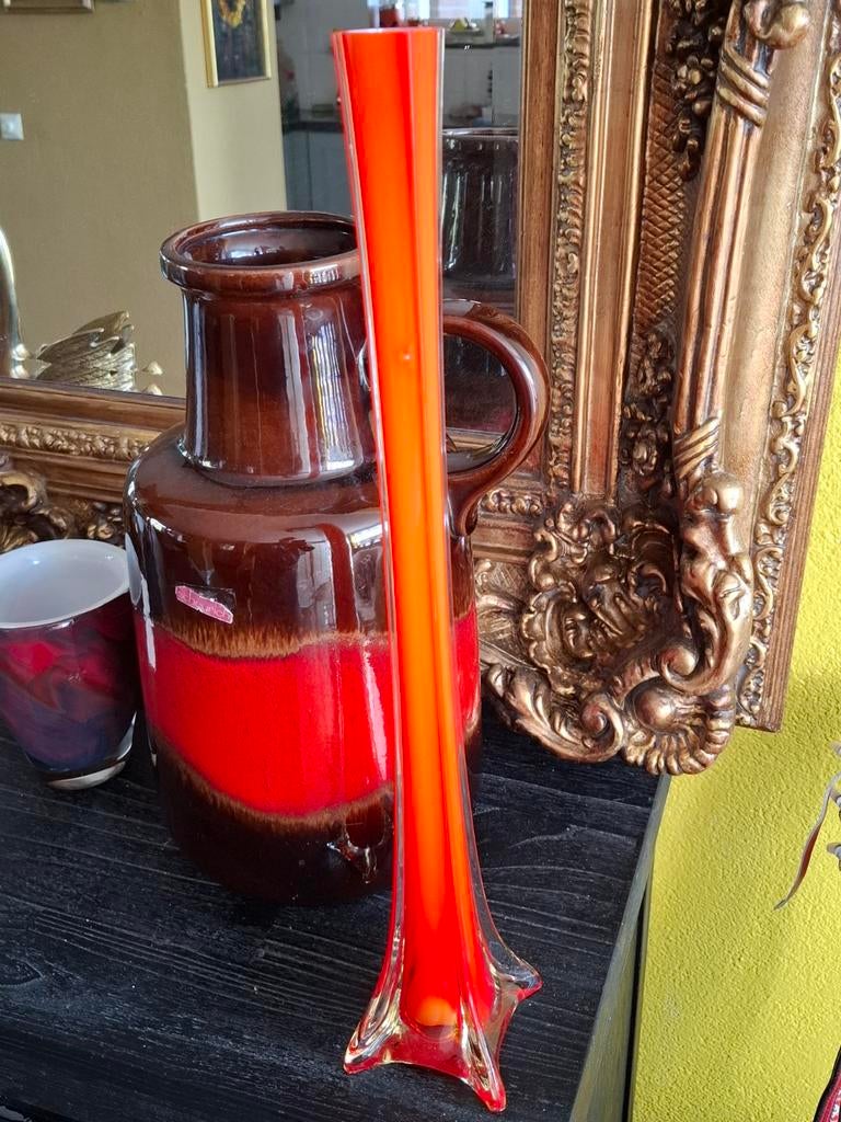 Oranje rode glazen vaas - 50 cm hoog!, Antiek en Kunst, Antiek | Vazen, Ophalen of Verzenden