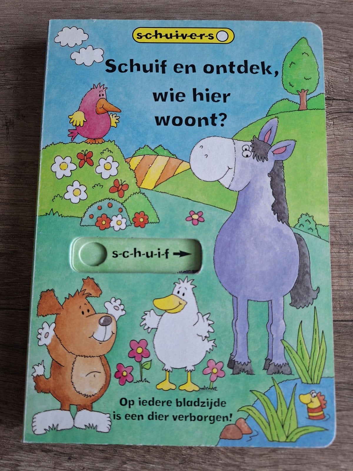Schuif en ontdek, wie hier woont? - Interactief kinderboek, Boeken, Ophalen of Verzenden, Zo goed als nieuw, Uitklap-, Voel- of Ontdekboek