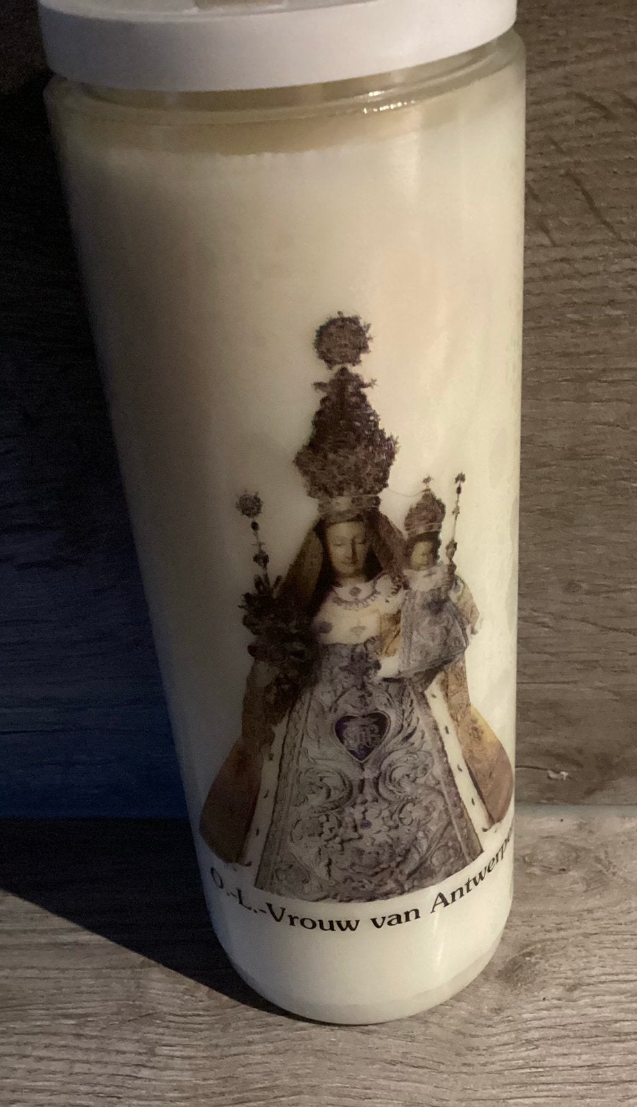 Mooie religieuze kaars Onze Lieve Vrouwe van Antwerpen nieuw, Antiek en Kunst, Antiek | Religie, Ophalen of Verzenden