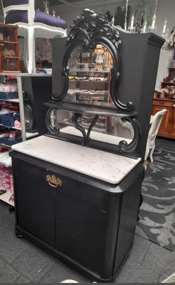 Mooie zwarte commode spiegel kast met marmer, 50 tot 70 cm, Ophalen of Verzenden, 90 tot 105 cm, 100 cm of meer