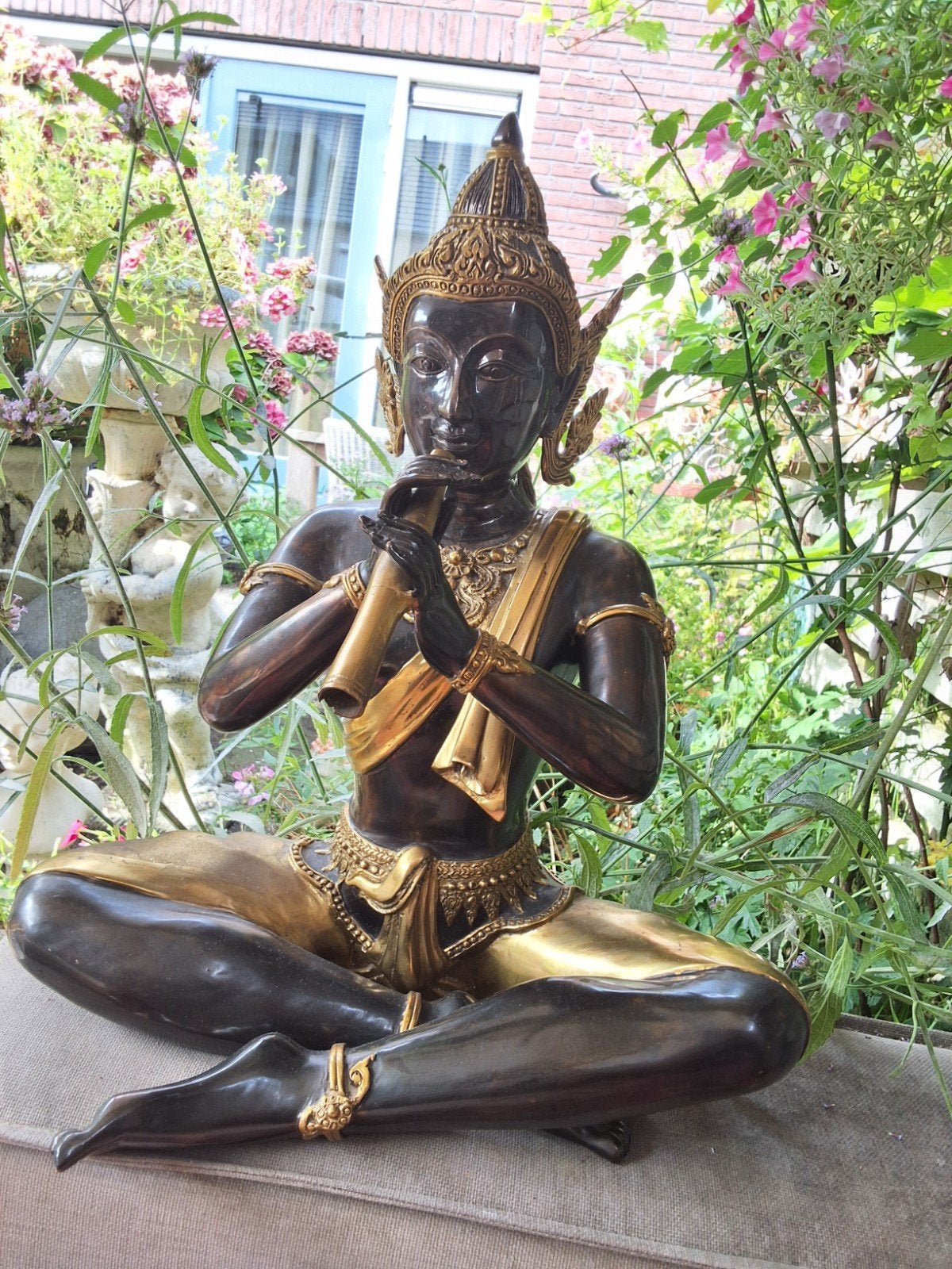 brons beeld Thaise muzikant 50 cm vintage 1940 boeddha, Ophalen of Verzenden, Meerkleurig, Versierd, Overige herkomsten