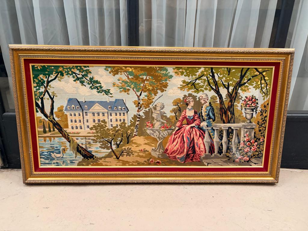 Vintage Geborduurd Schilderij: Romantische Scène met Kasteel, Ophalen of Verzenden