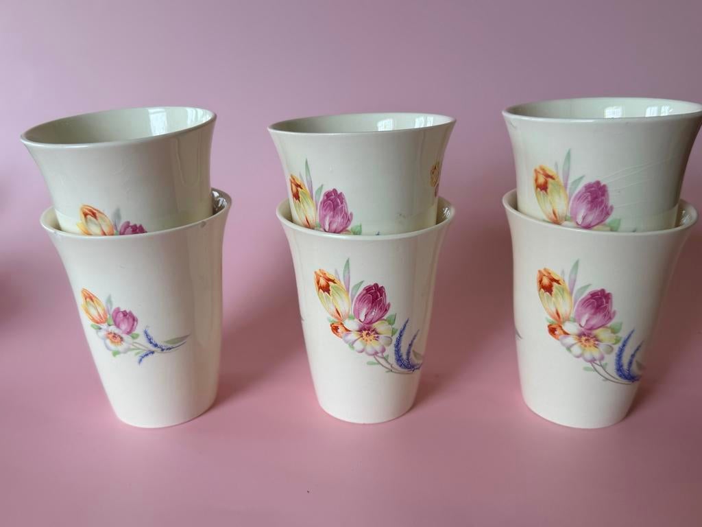6x Vintage Mosa Maastricht Bekers - Bloemenmotief Tulpen, Antiek en Kunst, Ophalen of Verzenden