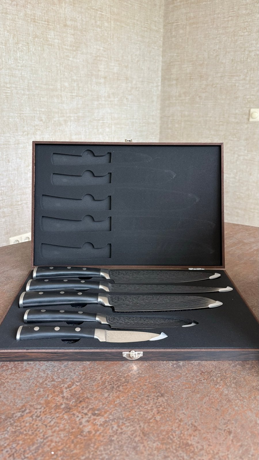Nieuwe Yoshira Damascus Messenset in Koffer, Ophalen, Los bestek, Nieuw, Rvs of Chroom