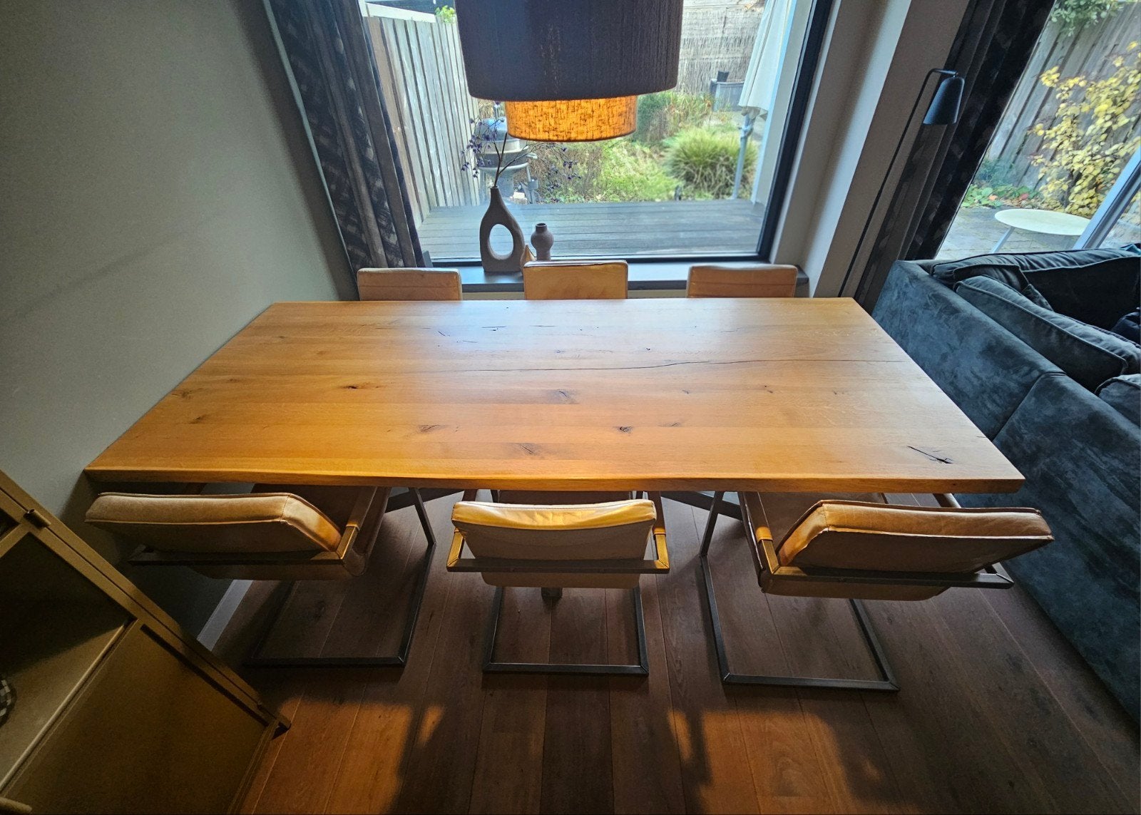 Eettafel 240x102 met 6 leren stoelen €650, Ophalen, Gebruikt, 100 tot 150 cm, 200 cm of meer