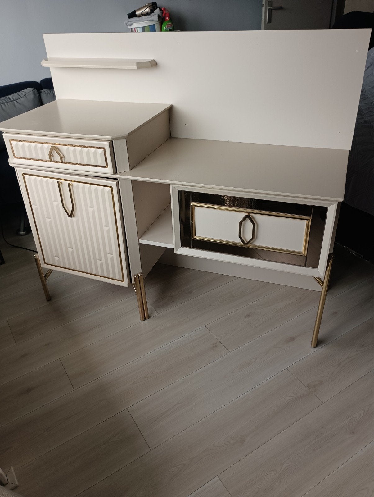 Luxe Kaptafel met Poef – Wit & Goud accenten (136x46x115 cm), Ophalen, Zo goed als nieuw, 100 tot 150 cm, Minder dan 100 cm