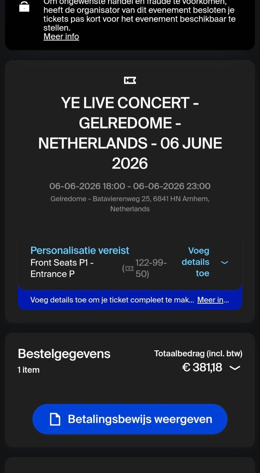 Kanye West ticket Front Seats P1, Tickets en Kaartjes, Evenementen en Festivals, Eén persoon