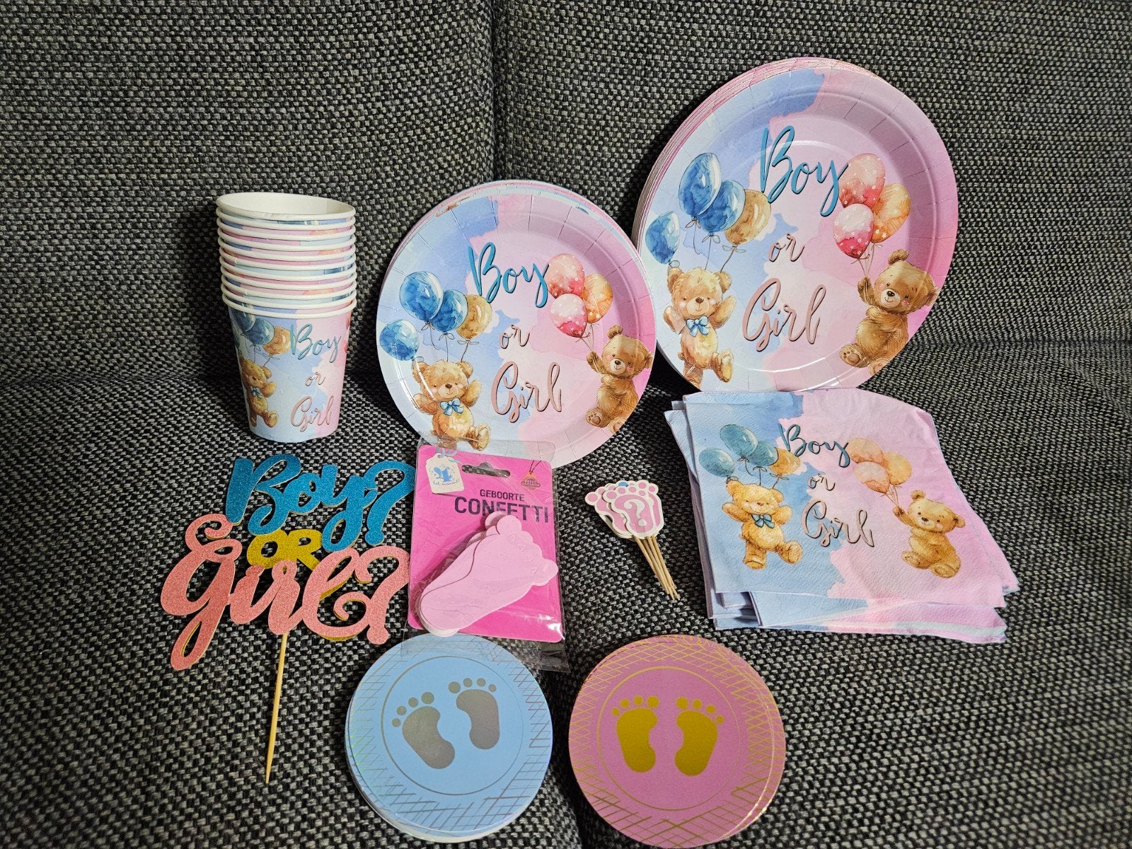 Complete Gender Reveal versiering set – Boy or Girl, Ophalen of Verzenden, Zo goed als nieuw, Versiering, Geboorte of Huwelijk