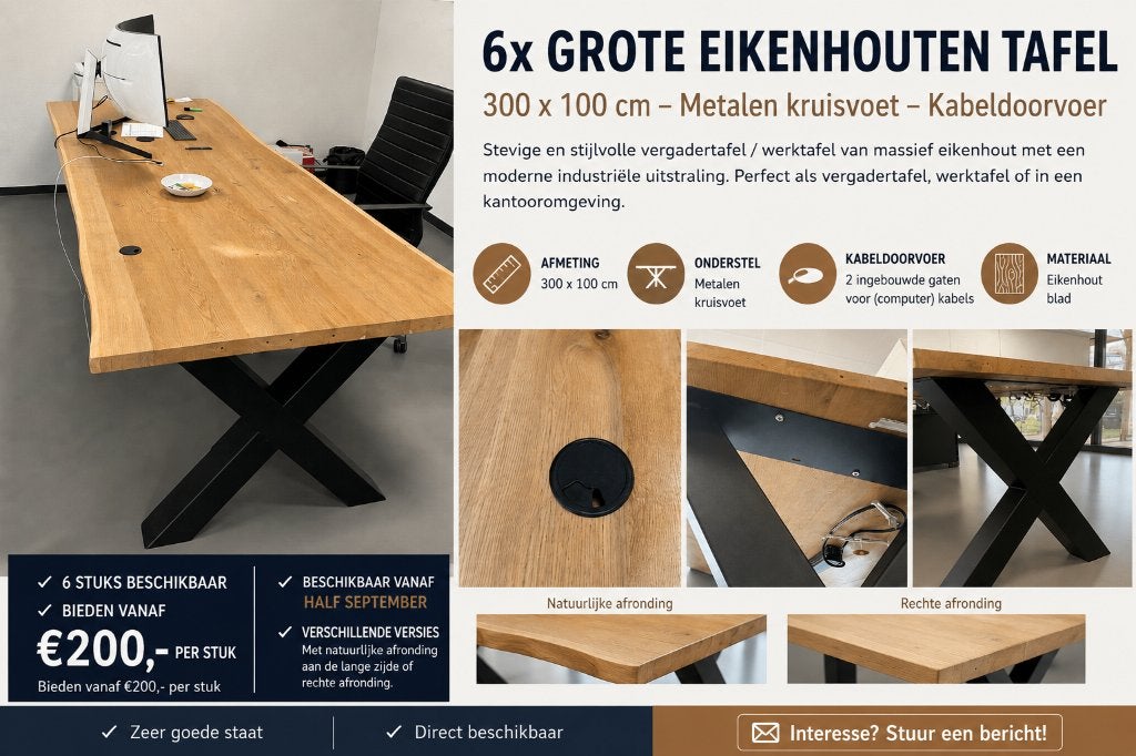 Grote Eikenhouten Tafel 300x100 cm - Industrieel Design, Zakelijke goederen, Receptie of Entree, Ophalen, Gebruikt, Tafel