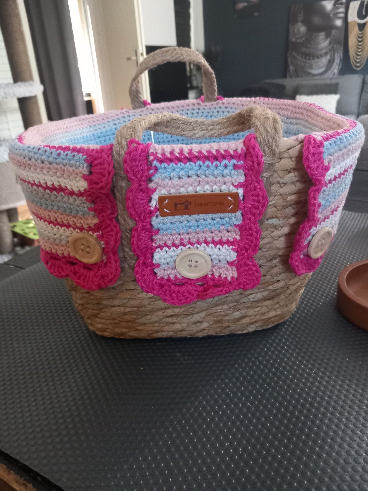 Handgemaakte gehaakte mand met hengsels, Mand, Textiel, Rond, Nieuw