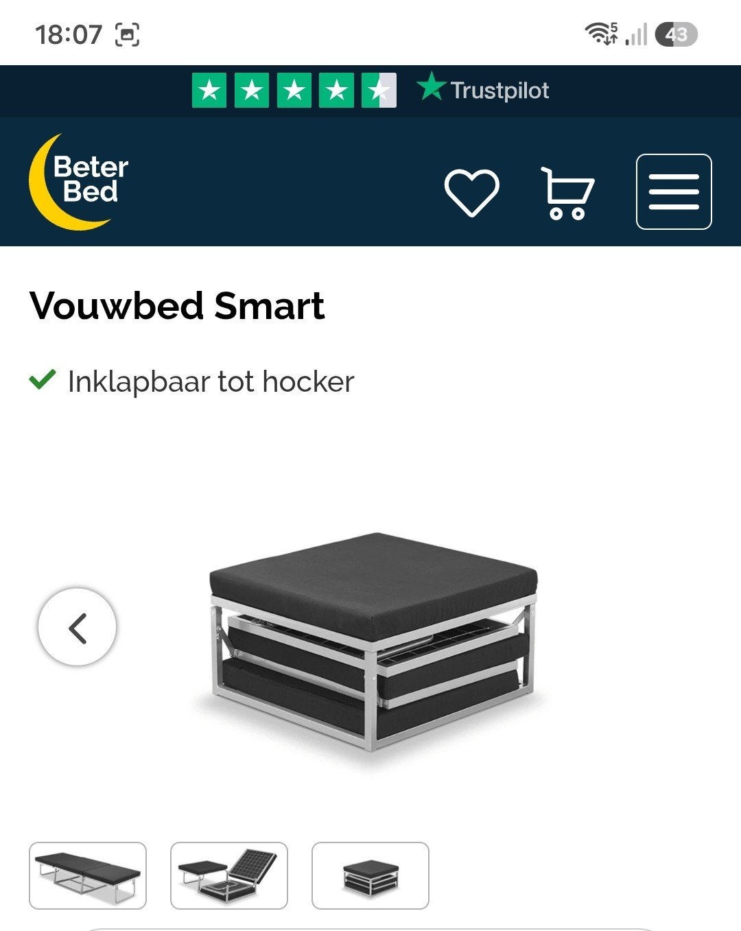 Inklapbaar Logeerbed Poef - Beter Bed Smart, Ophalen, 50 tot 100 cm, Zo goed als nieuw, 50 tot 75 cm