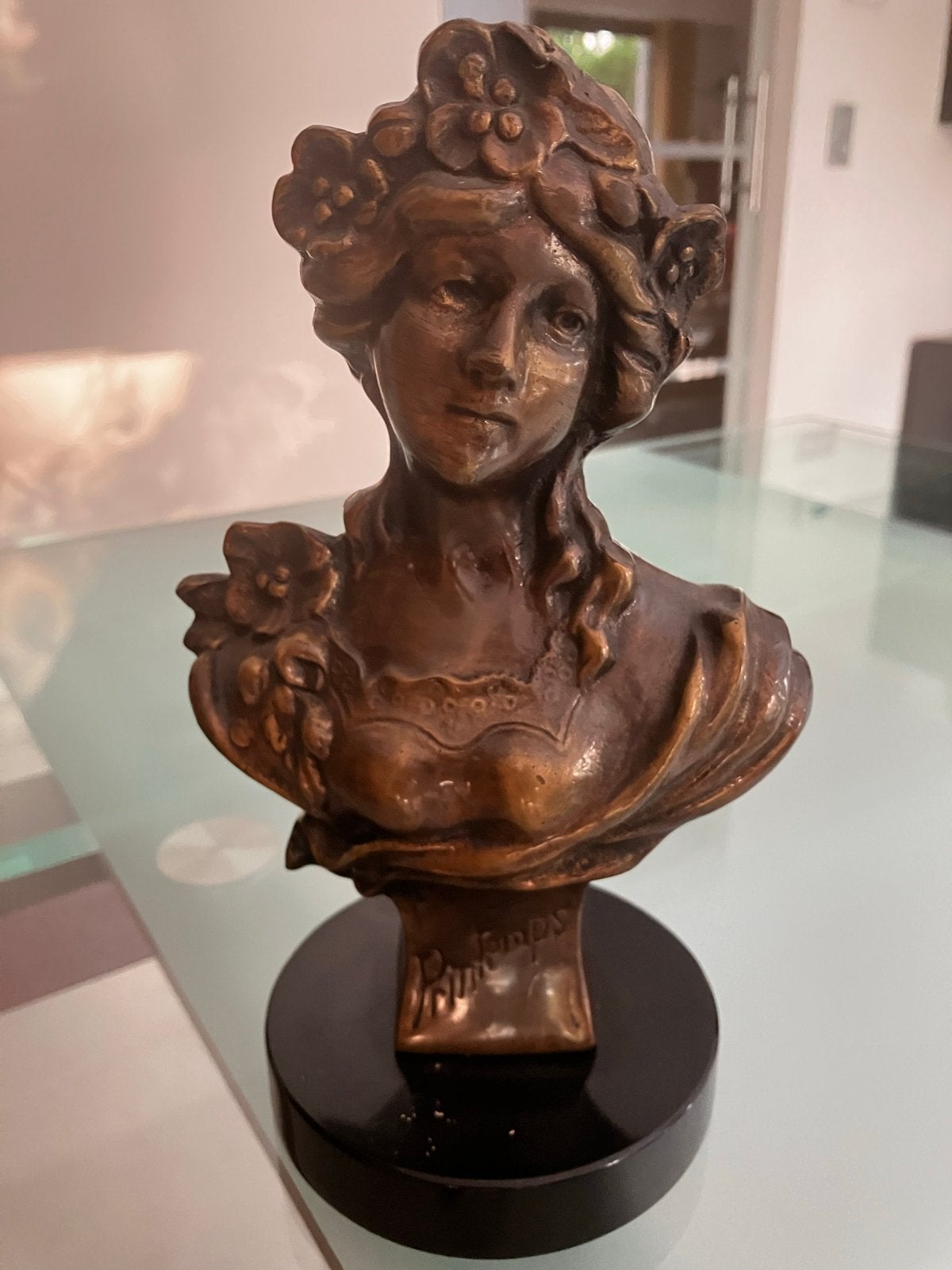 Bronzen beeldje 'Printemps' op marmeren sokkel, 21cm hoog, Ophalen, Brons, 20 - 50 cm, Op sokkel