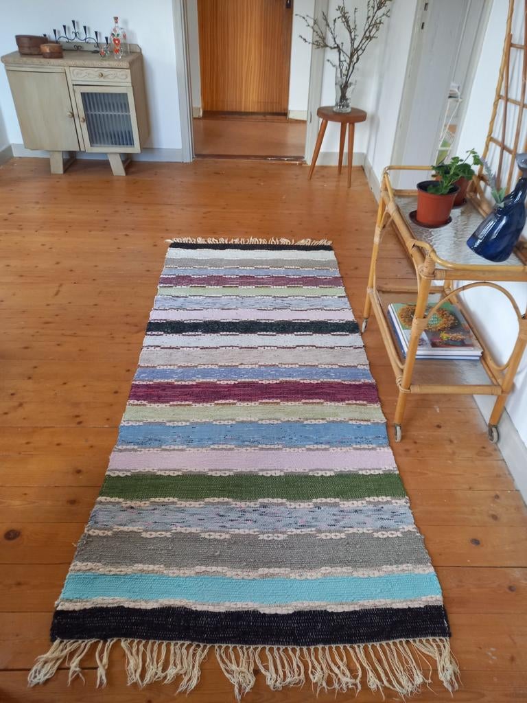 Zweeds handgeweven katoenen kleed pastel met kettingmotief, Ophalen of Verzenden