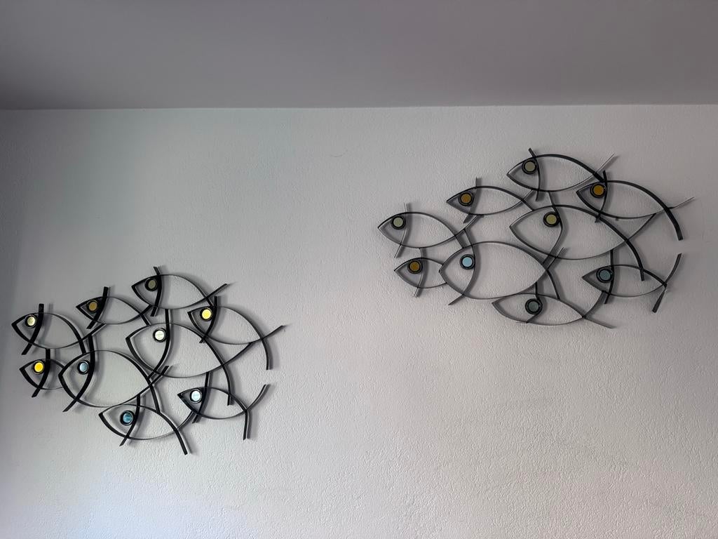 2 Muurdecoraties Vissen - IJzer met Gekleurde Ogen, Ophalen, Meerkleurig, Zo goed als nieuw, Metaal