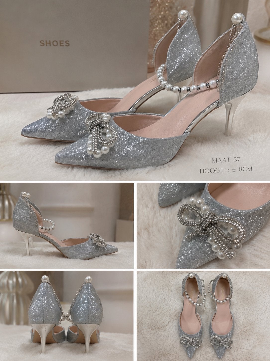 Luxe zilveren hakken met parels - Maat 37, 8cm hak, Verzenden, Zo goed als nieuw, Overige kleuren, Pumps
