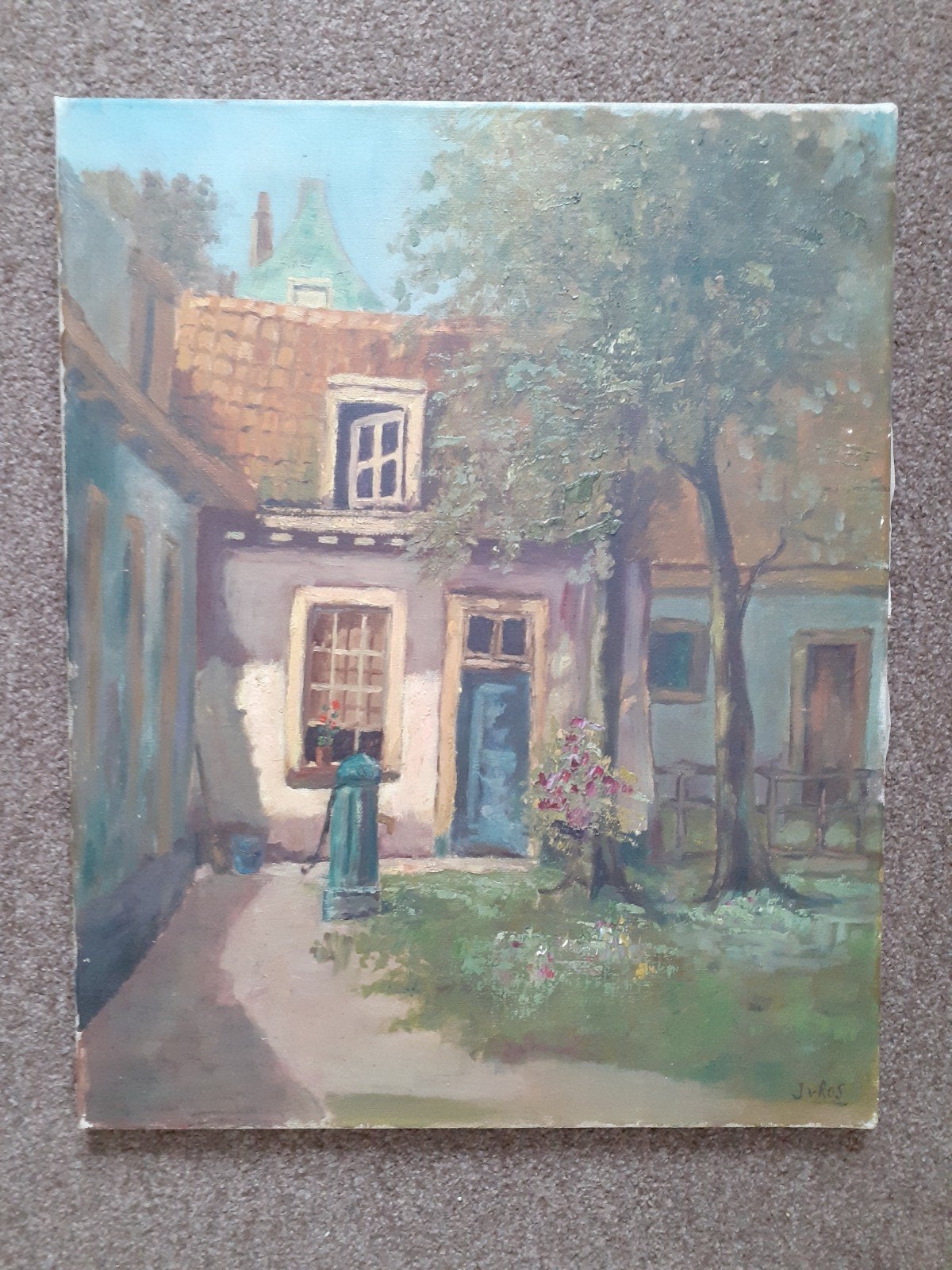 Olieverfschilderij op doek: Idyllisch dorpsgezicht 40x50cm, Antiek en Kunst, Doek, Realistisch, Ophalen of Verzenden, Olieverf