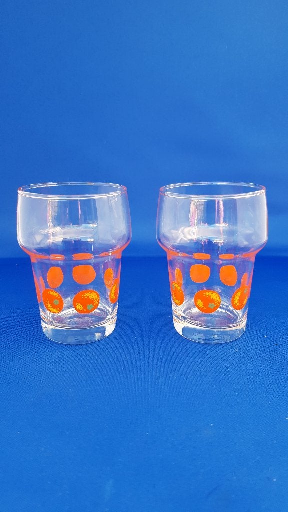 Set van 4 retro vintage limonade glazen fruitmotief. 7B5, Tweedehands verkoop, Tweedehands verkoop, Gebruikt, Ophalen of Verzenden