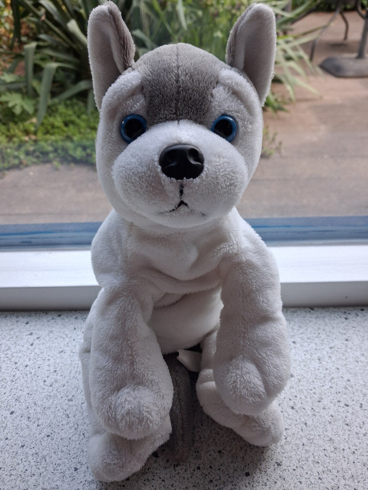 Husky Huskie hond merk Nicotoy grijs wit velours, Wasbaar, Zo goed als nieuw, Middelgroot (20 tot 80 cm), Nicotoy