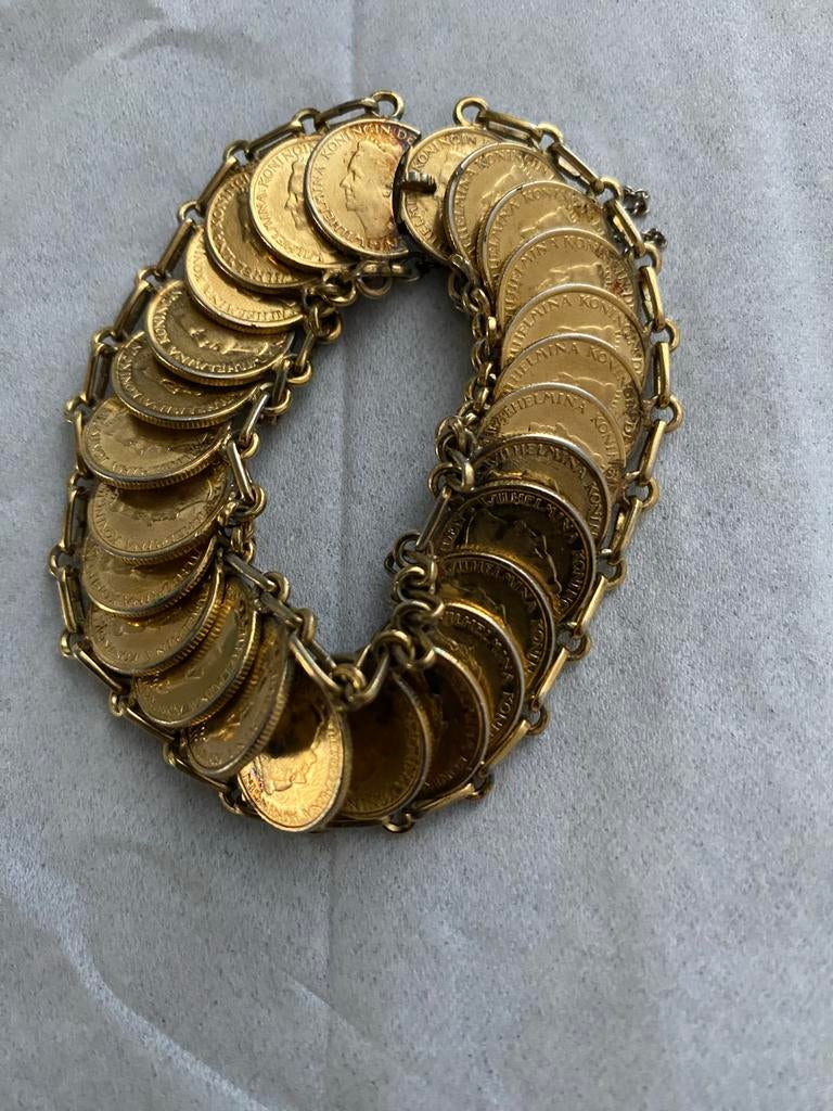 Vergulde zilveren armband met oude Wilhelmina dubbeltjes, Sieraden, Tassen en Uiterlijk, Armbanden, Ophalen of Verzenden, Gebruikt