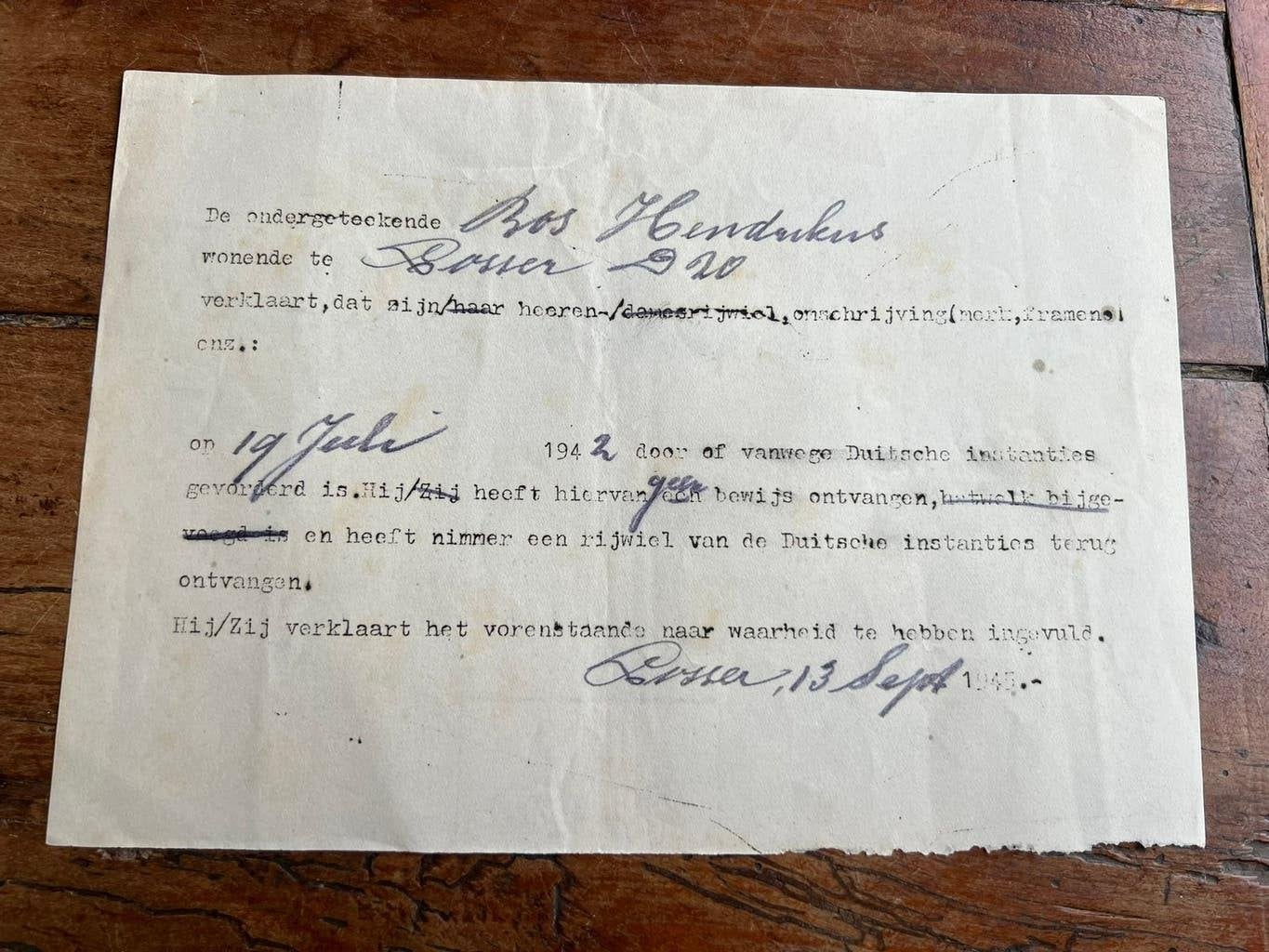 WO2 Bezetting verklaring inname rijwiel Losser 1942 1945, Verzenden, Nederland, Boek of Tijdschrift