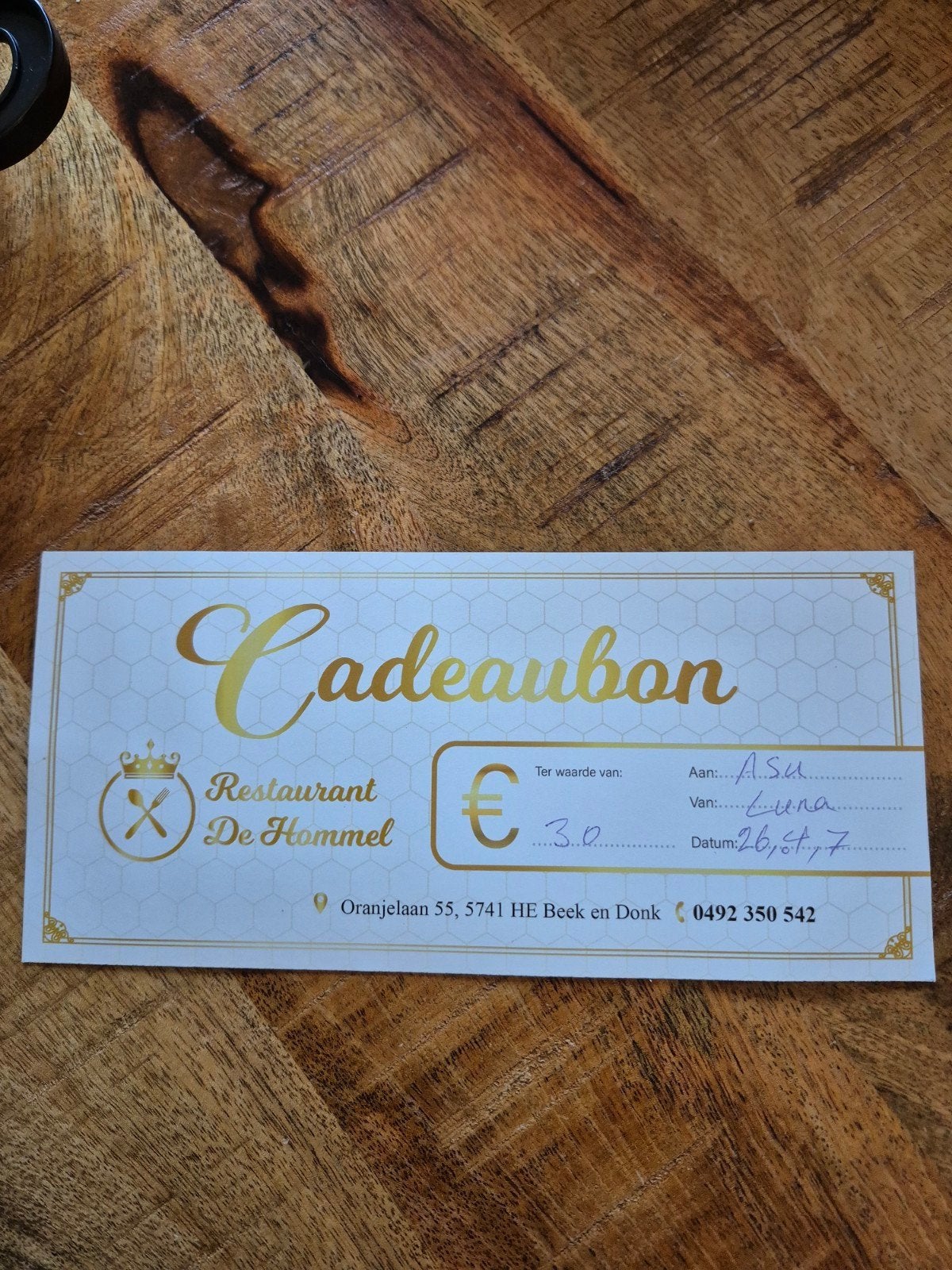 Cadeaubon Restaurant De Hommel twv 30 euro, Twee personen, Cadeaubon, Overige typen