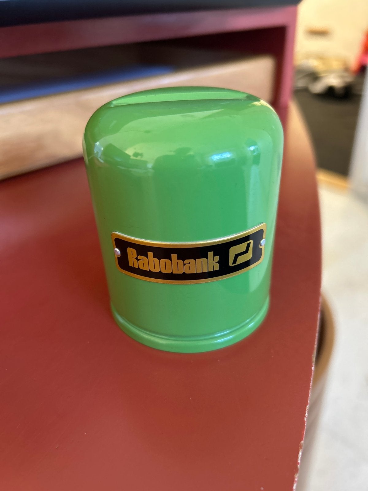 Vintage Rabobank 1972 spaarpot - Groen metaal, Ophalen of Verzenden, Gebruikt, Metaal of Blik, Overige thema's