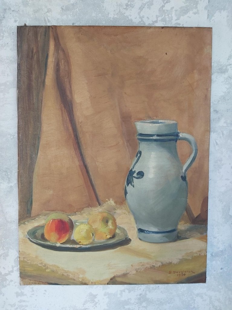 Mooi frans stilleven olieverf op doek S Dauvister 1950, Antiek en Kunst, Doek, Stilleven, Ophalen of Verzenden, Olieverf