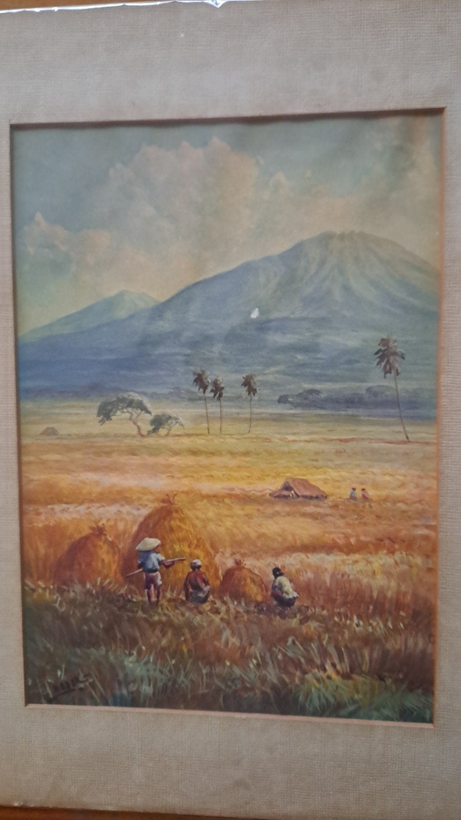 Gesigneerd schilderij Basir - Indonesië rijstveld., Realistisch, Overige technieken, Ophalen of Verzenden, Gesigneerd