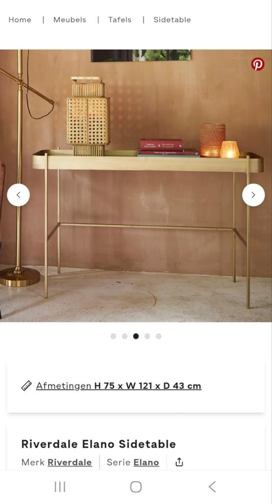 Gouden sidetable Riverdale 121 cm breed., Ophalen, 100 tot 150 cm, Zo goed als nieuw, 25 tot 50 cm
