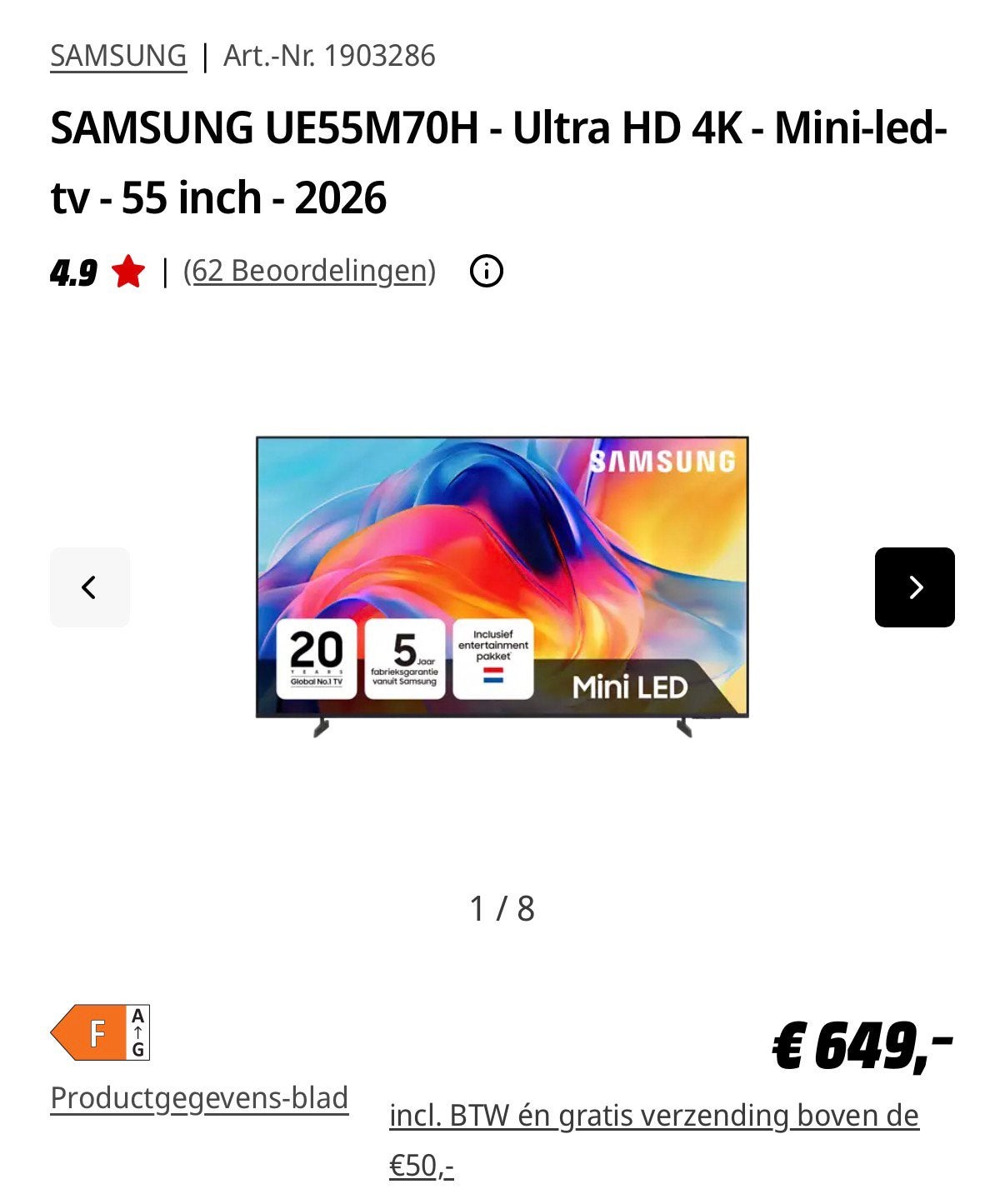 Samsung 55 M70H, Ophalen, Nieuw, Ultra HD (4K), Samsung