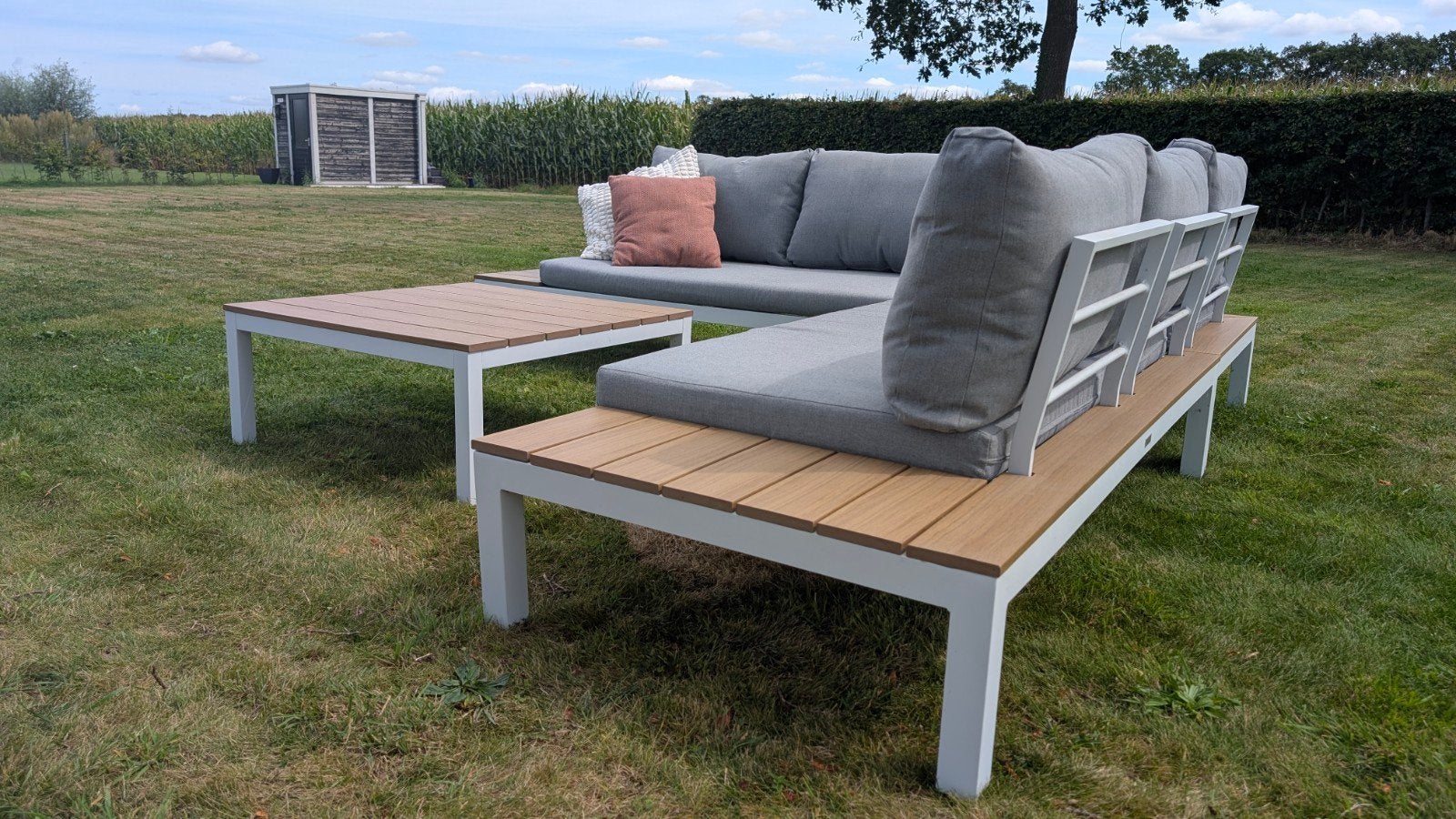 Loungeset Exterioo - 2 seizoenen gebruikt - wit, grijs, hout, Tuin en Terras, Tuinsets en Loungesets, Ophalen, 4 zitplaatsen, Bank