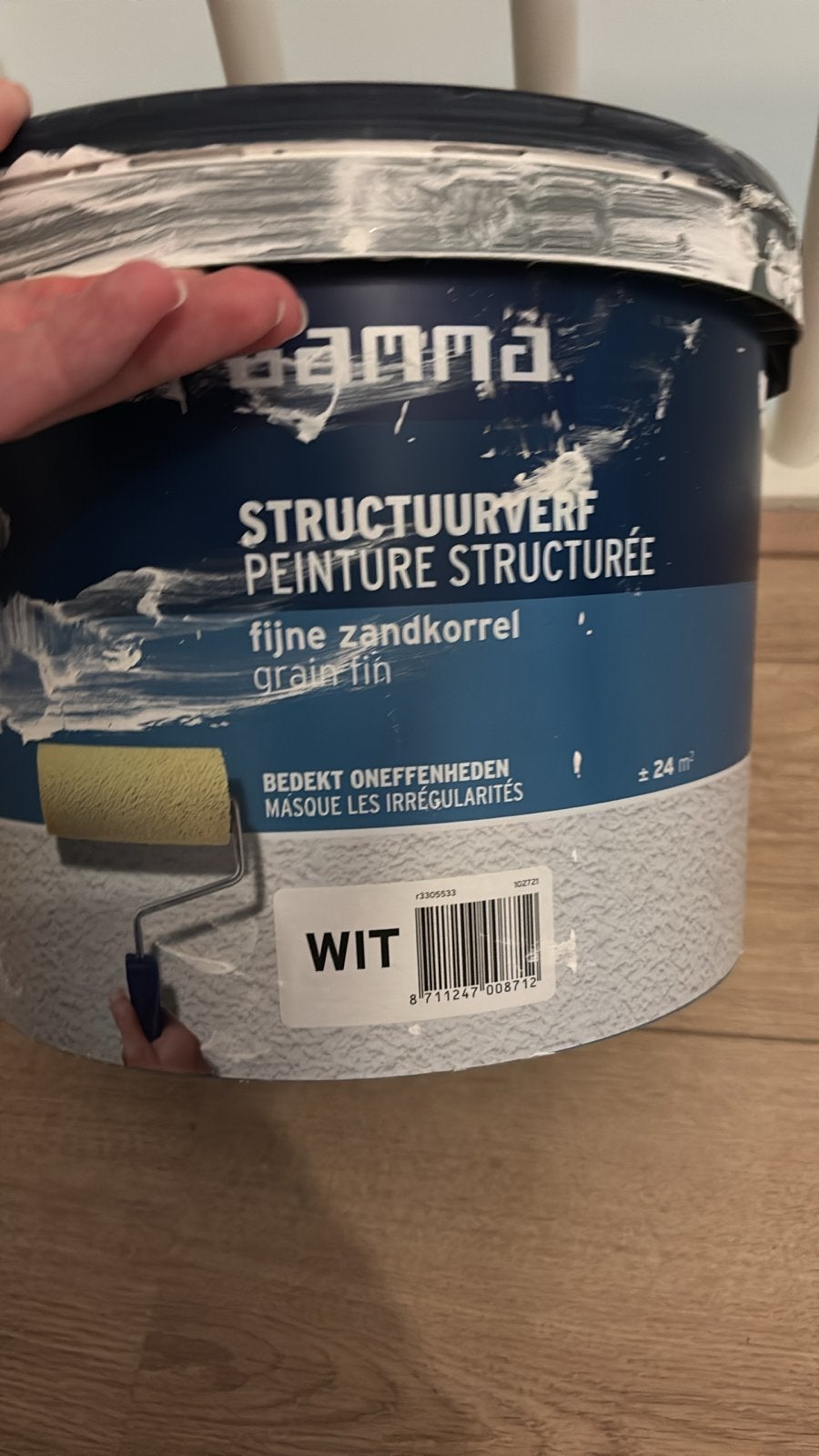 Gamma Structuurverf Fijn Zandkorrel Wit - 3/4 Vol, Gebruikt, Wit, Ophalen of Verzenden, Verf